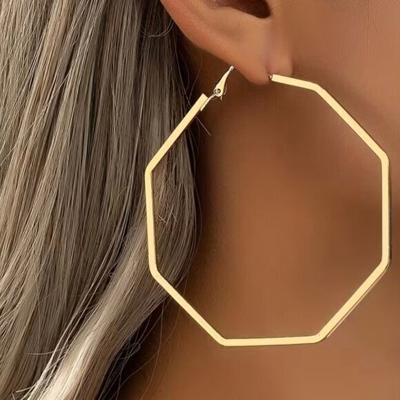 Goldtone Large Hexagon Hoop Earrings, Boho Bohemian Earring, Everyday